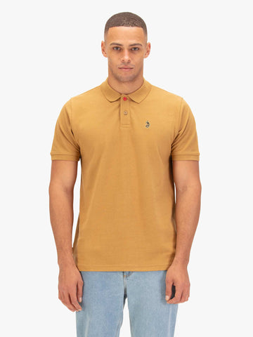 Men's yellow polo shirt with polo collar, worn by a model, front view