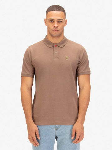 Men's brown polo shirt with polo collar, worn by a model, front view