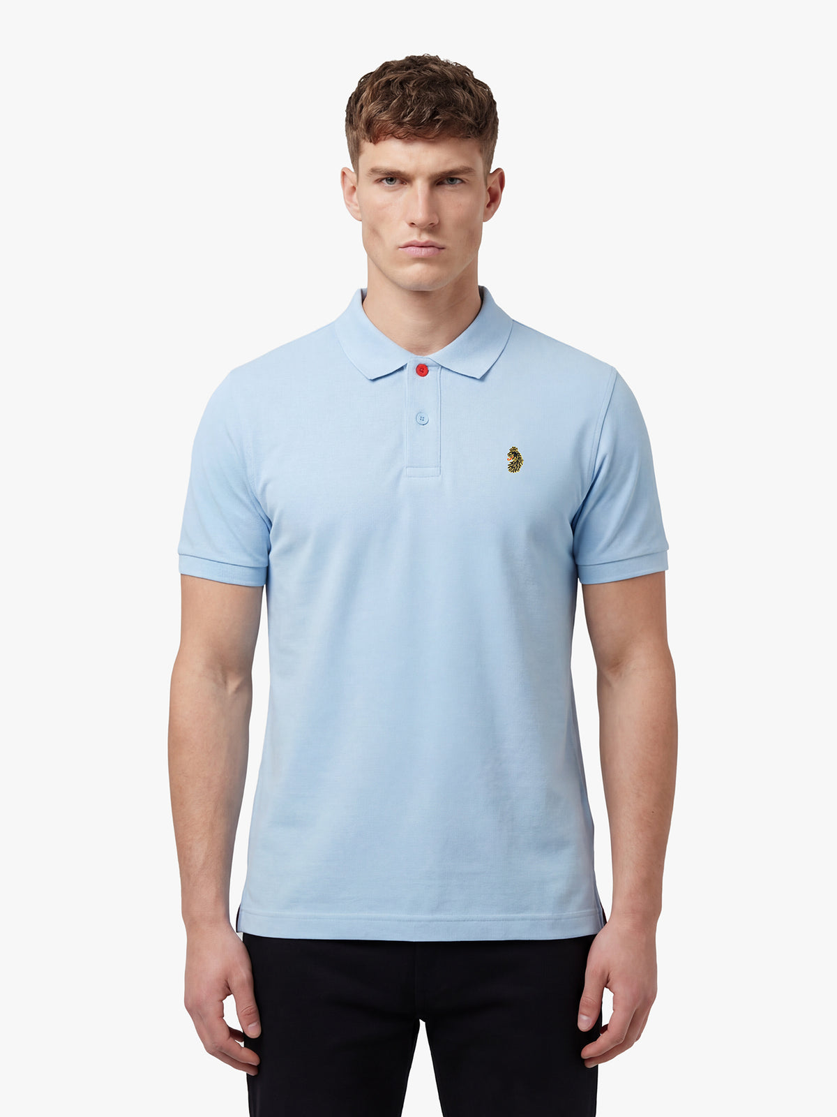 Men's blue polo shirt with polo collar, front view