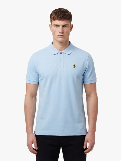 Men's blue polo shirt with polo collar, front view