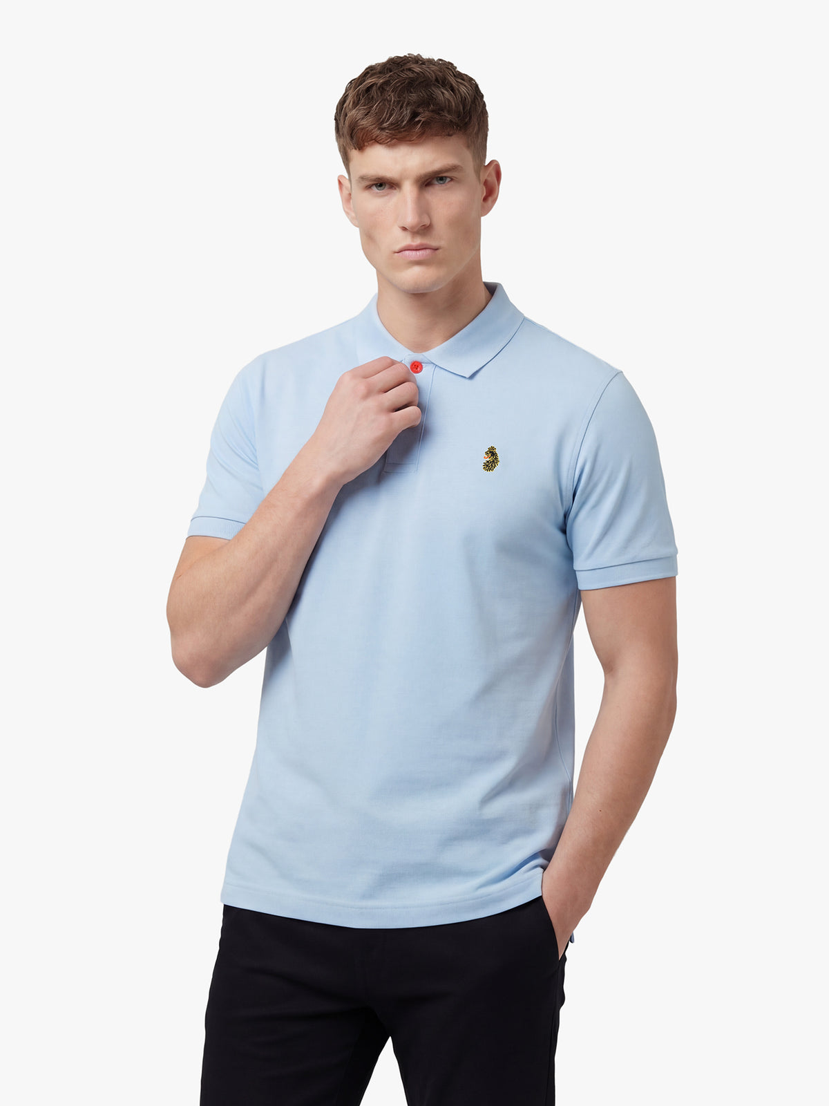 Men's blue polo shirt with polo collar, back view