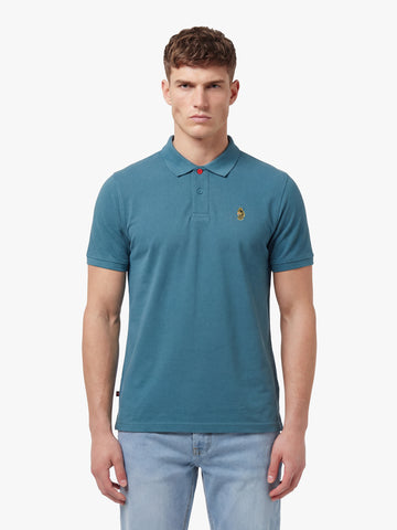 Men's blue polo shirt with polo collar, front view