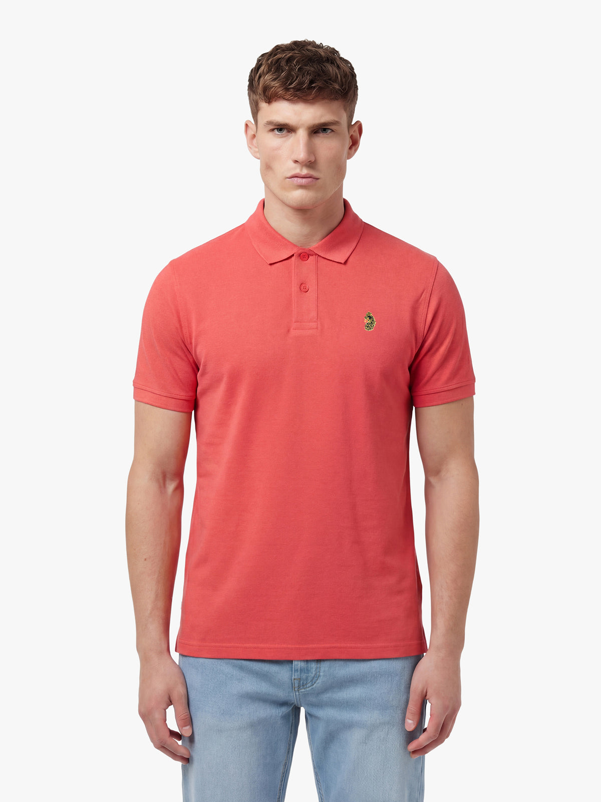 Men's red polo shirt with polo collar, front view