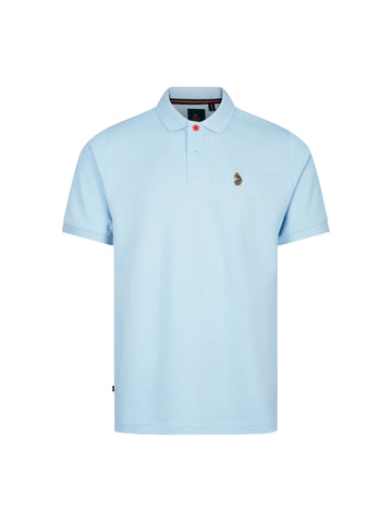 Men's blue polo shirt with polo collar, front view