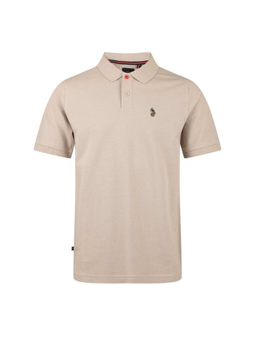 Men's beige polo shirt with polo collar, front view