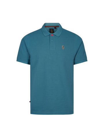 Men's blue polo shirt with polo collar, front view