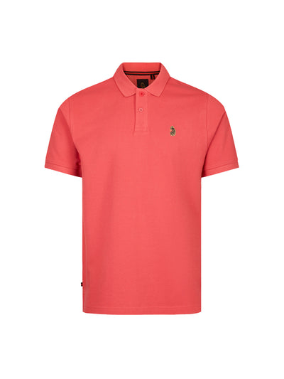 Men's red polo shirt with polo collar, front view