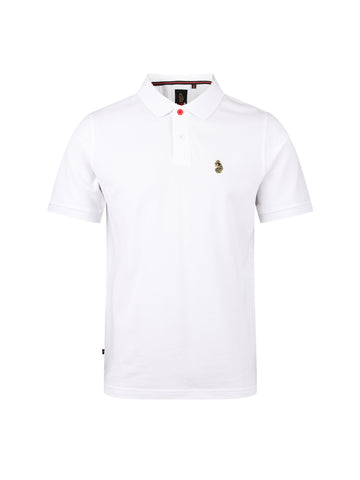 Men's white polo shirt with polo collar, front view