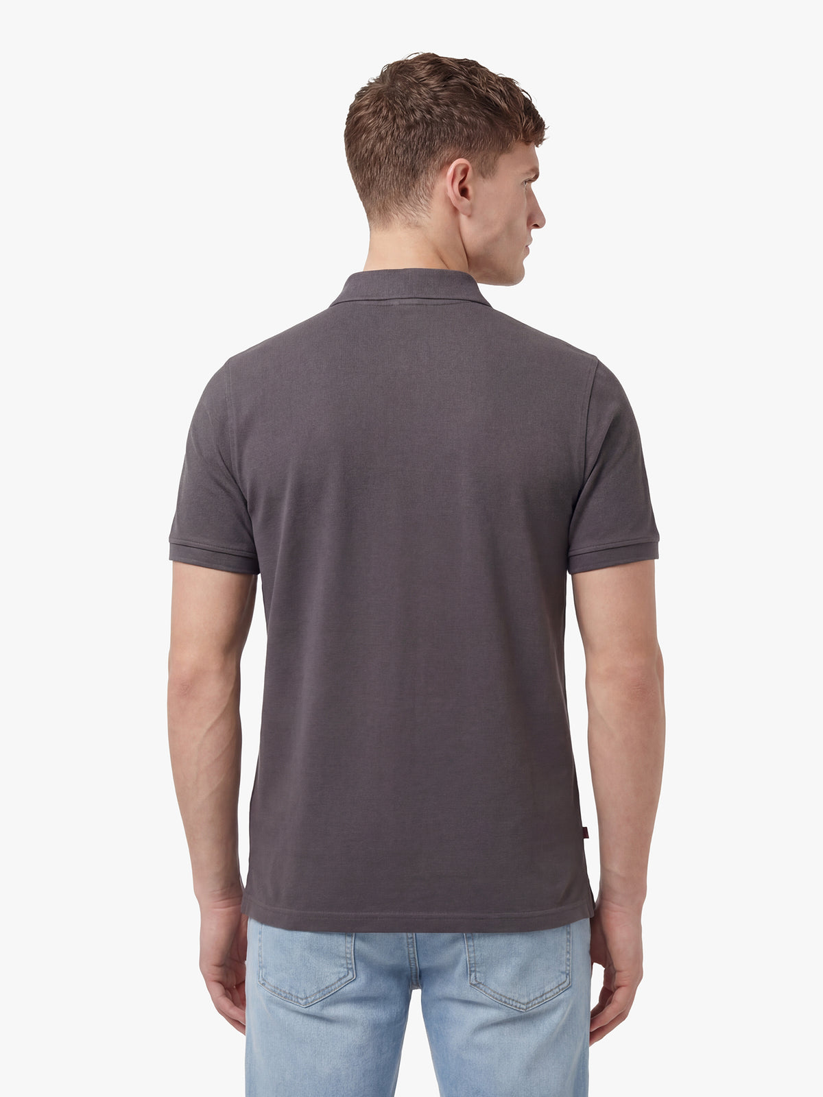Men's grey polo shirt with polo collar, back view