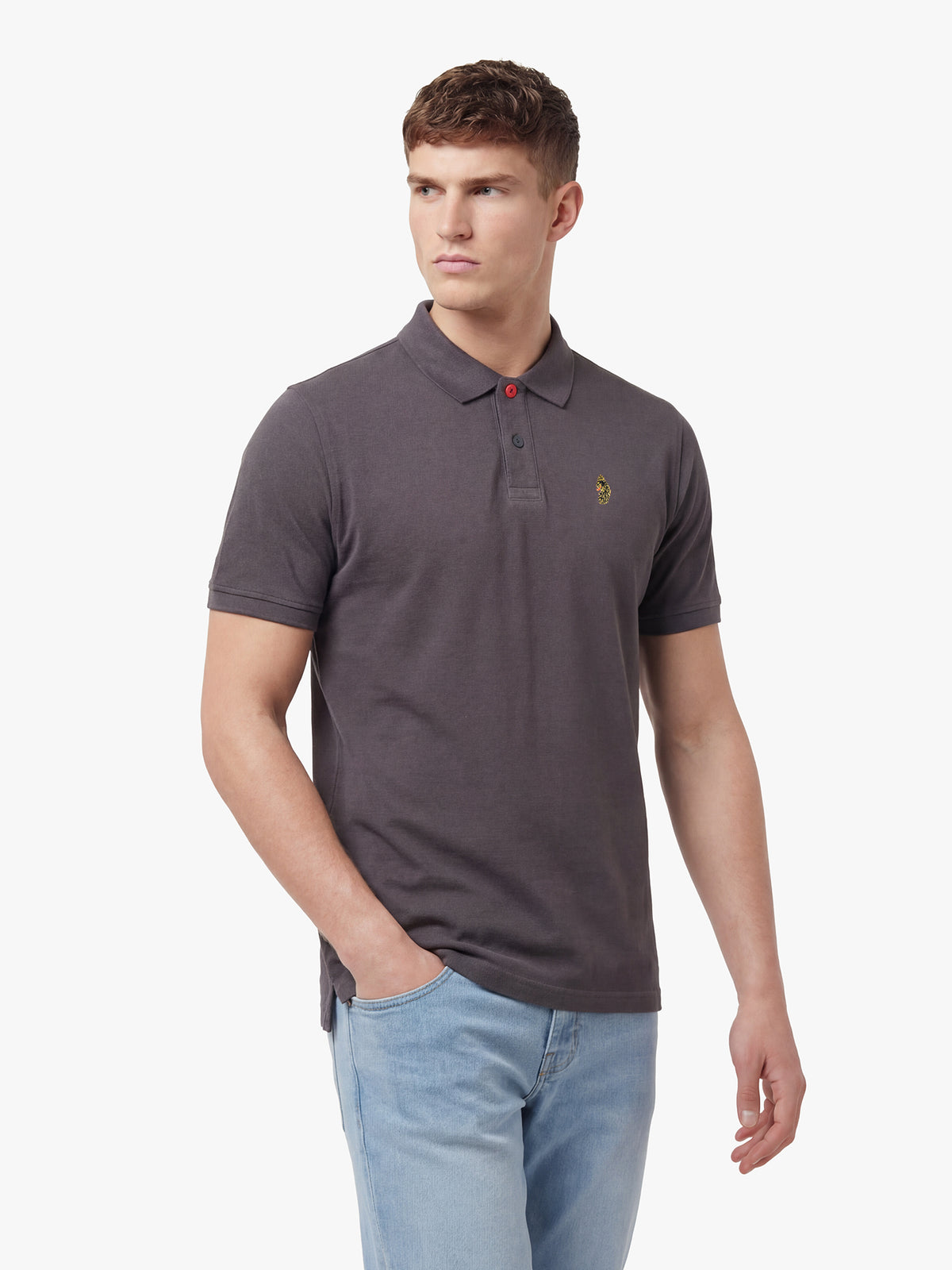 Men's grey polo shirt with polo collar, detail view 1