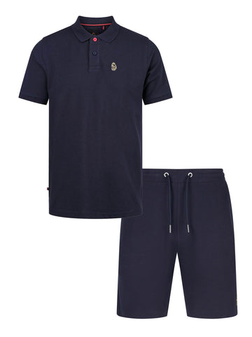 Men's navy short set with short-sleeve shirt and drawstring shorts, front view