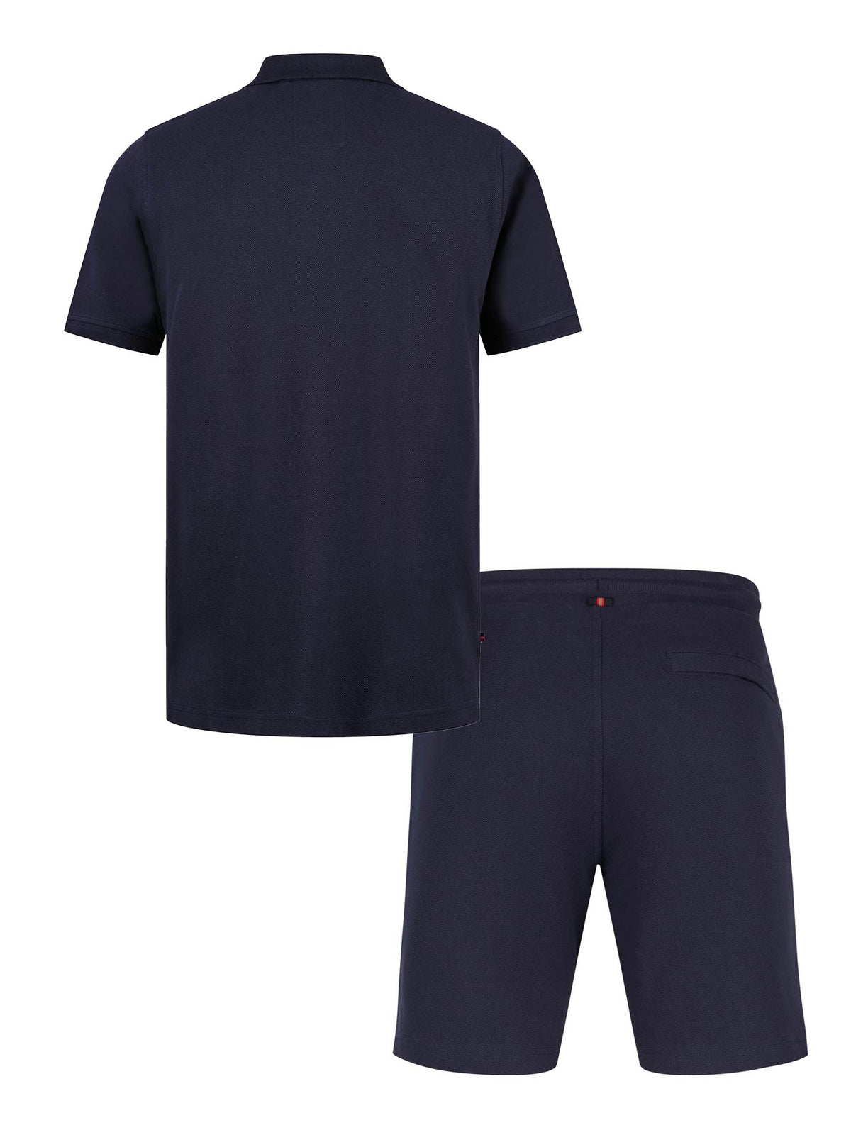 Men's navy short set with short-sleeve shirt and drawstring shorts, back view.
