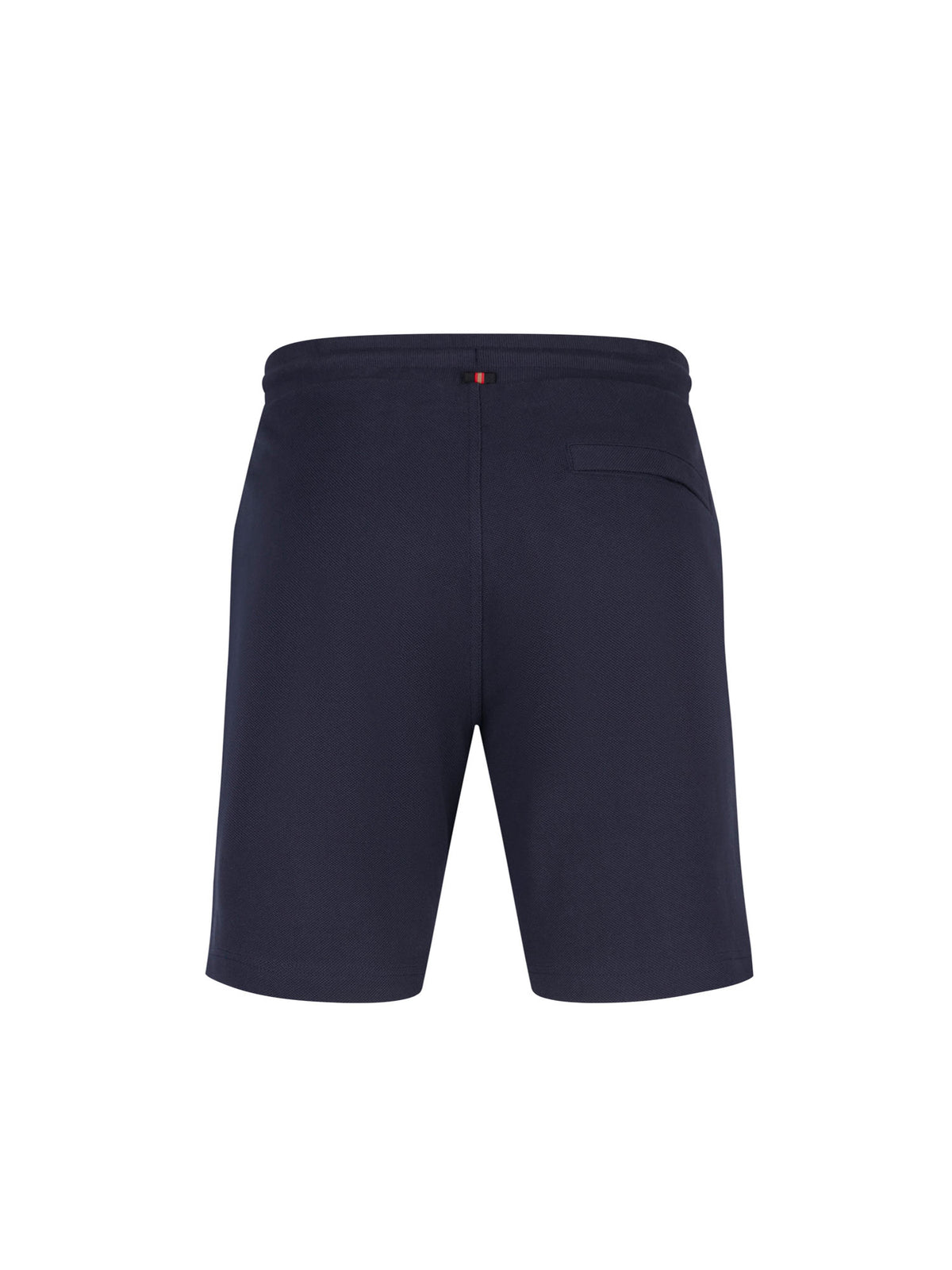 Men's navy short set with short-sleeve shirt and drawstring shorts, back image of the shorts.