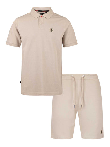 Men's beige short set with short-sleeve shirt and drawstring shorts, front view