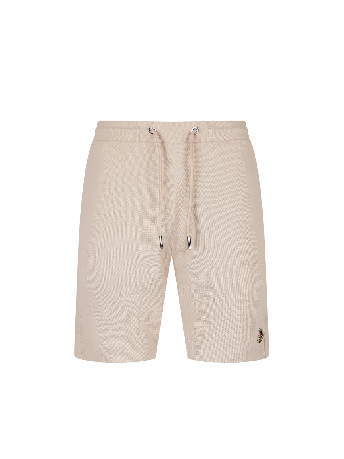 Men's beige short set with short-sleeve shirt and drawstring shorts, shorts front view.