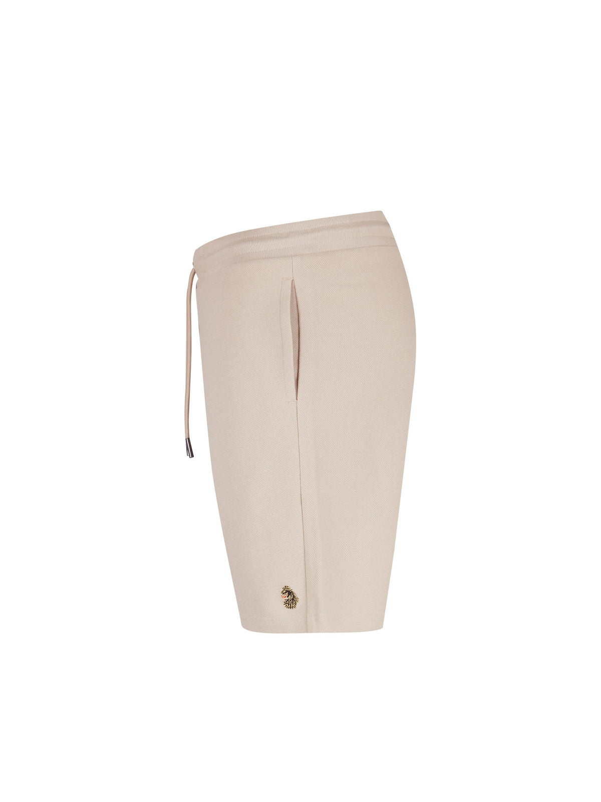 Men's beige short set with short-sleeve shirt and drawstring shorts, shorts side view.