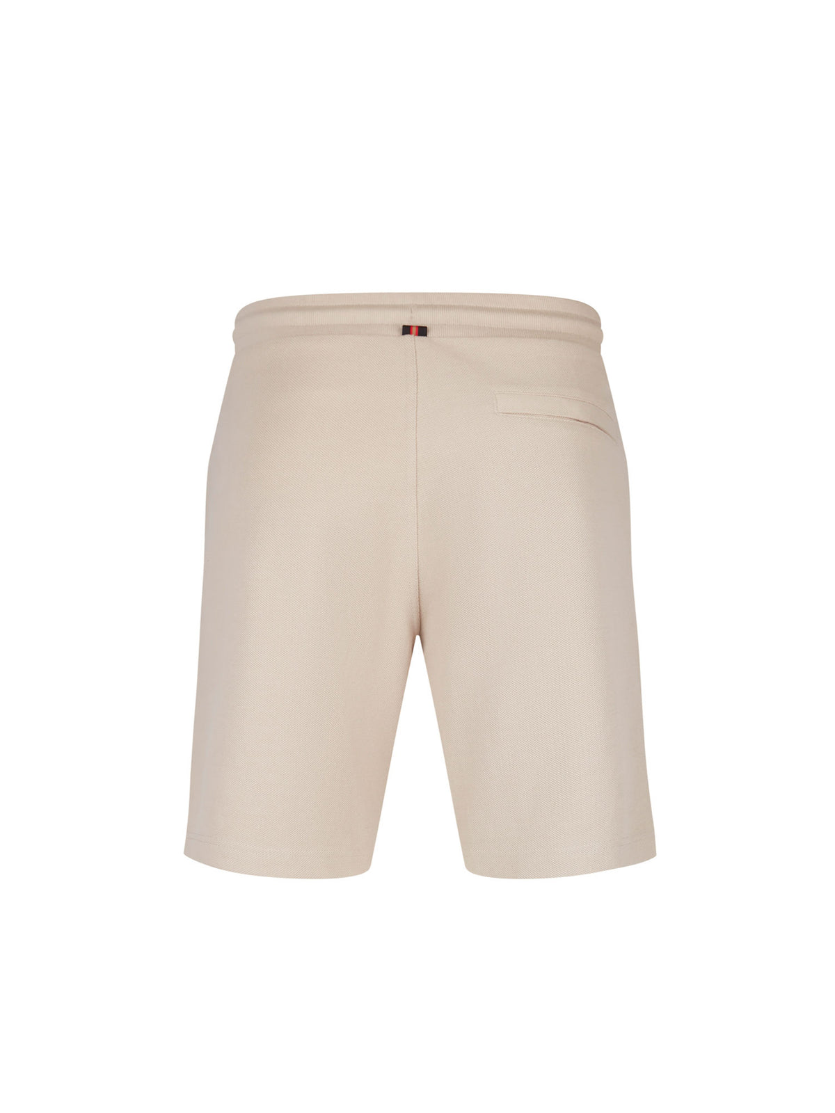Men's beige short set with short-sleeve shirt and drawstring shorts, shorts back view.