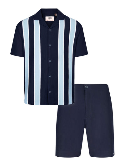 Men's navy short set with short-sleeve Cuban collar shirt and matching shorts, front view