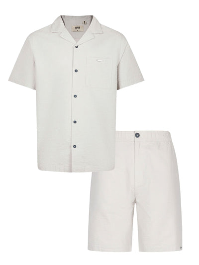 Men's grey short set with short-sleeve button-up shirt and matching shorts, front view