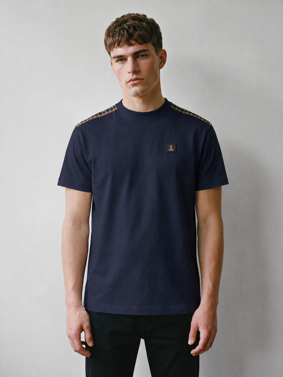 Firth Check Shoulder T-Shirt - Dark Navy