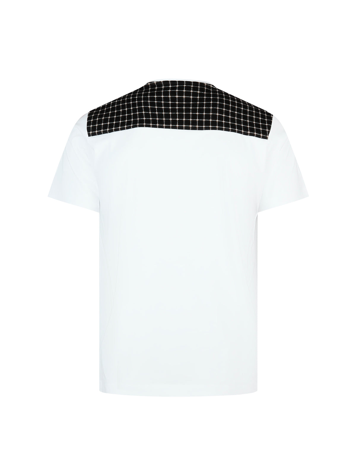 Back of white LUKE 1977 Burr t-shirt with black contrast check yoke panel