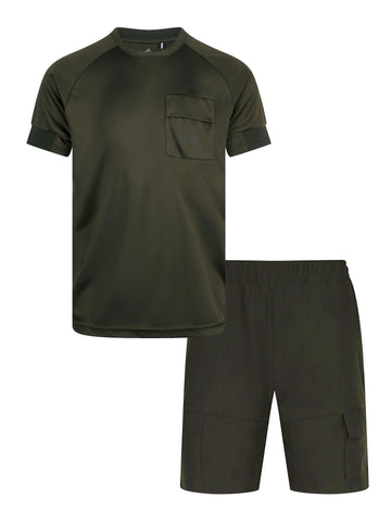 Men's green short set with short-sleeve shirt and matching shorts.